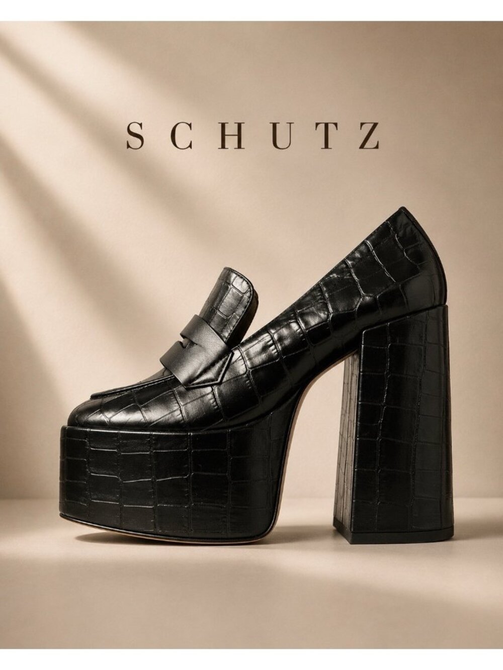 SCHUTZ Viola Black Croc-Embossed Leather Platform Pump Size 8 NIB Retro